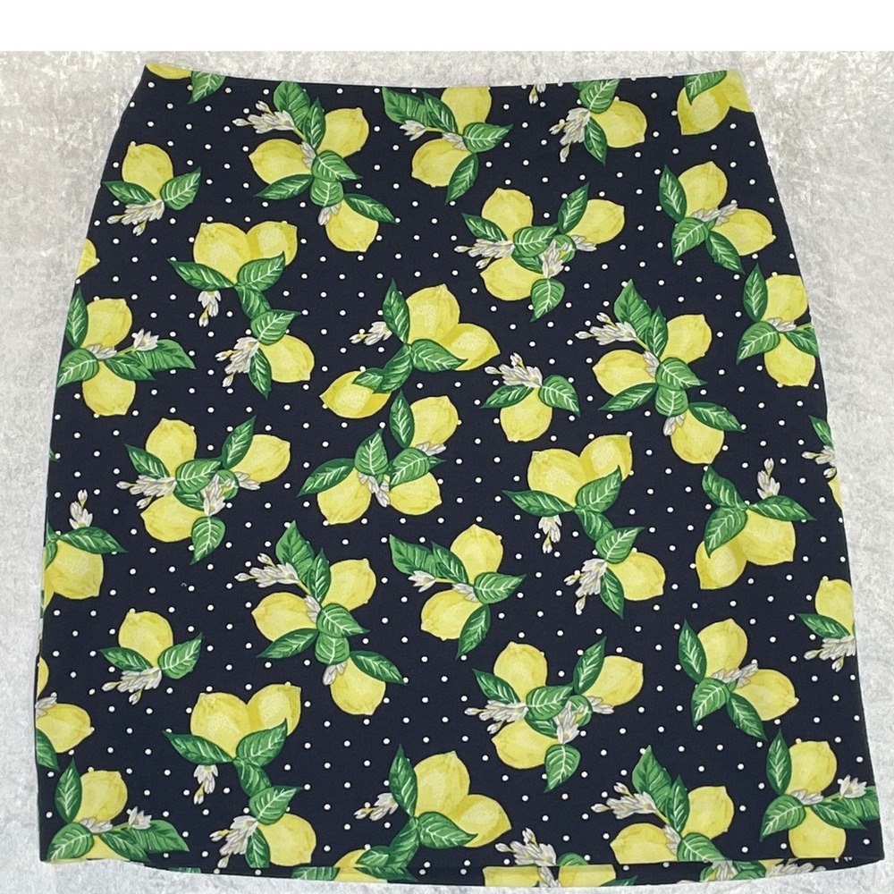 Talbots Pencil Skirt Womens 10P Navy Blue EUC Lemon Polka Dot Print Stretch